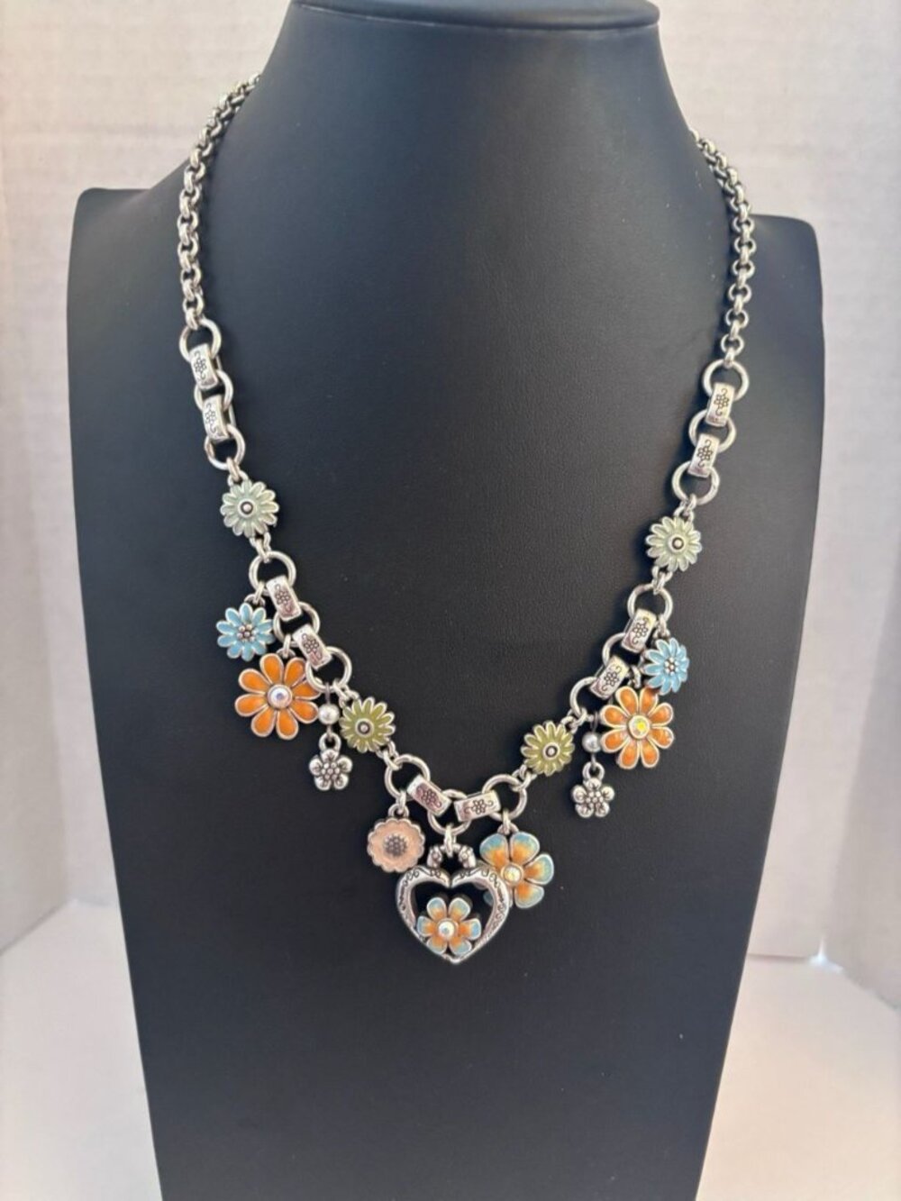 Vintage Brighton Orchard Flower Heart Charm Necklace Reversible Garden Retired - Picture 1 of 8
